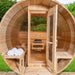 Tranquility MP Barrel Sauna front view with door open, showing outdoor seats, towels, and front side windows