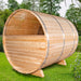 Tranquility MP Barrel Sauna outside rear view showing sauna and rear side window